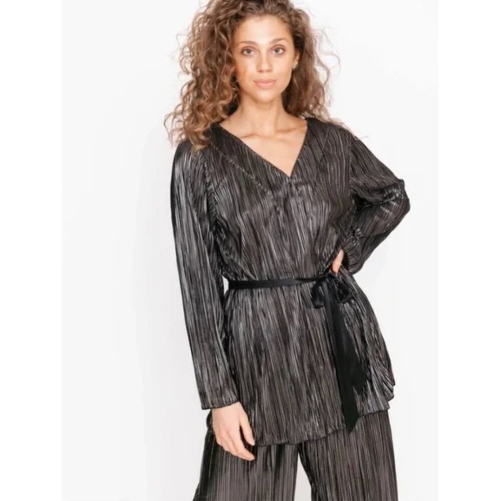Smash + Tess Tasia Blouse Black Metallic Belted Top Size XL - 2XL